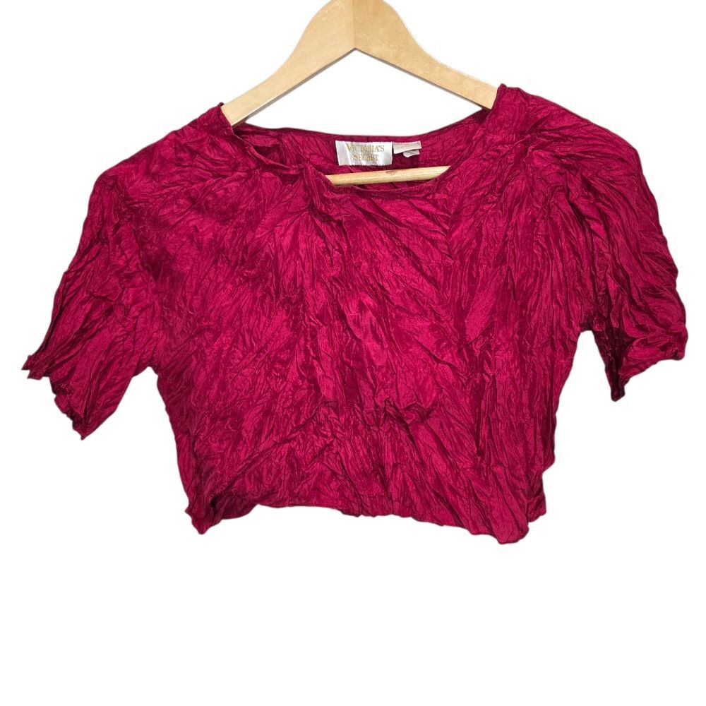 Victoria's Secret Gold Label Red Crinckled Crop Silk Blouse Vintage
